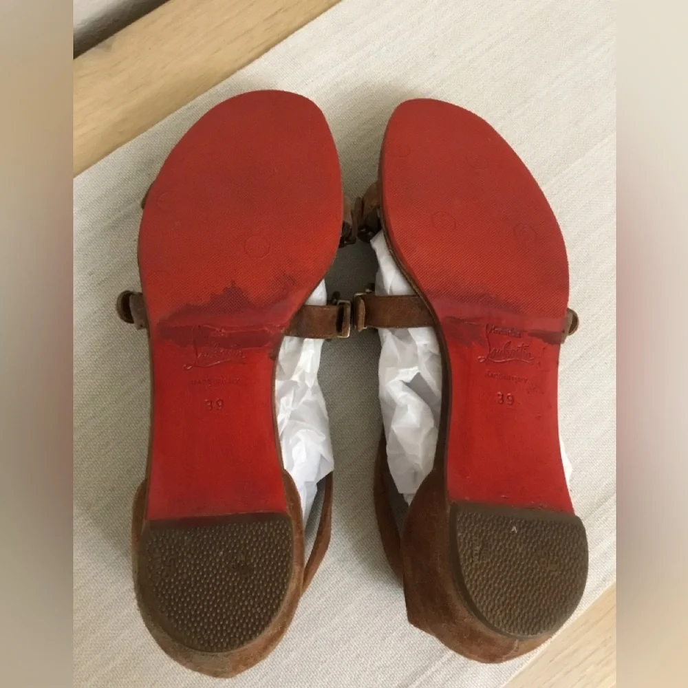 Christian Louboutin Brown Suede Strappy Flat Sandals with Gold Buckles